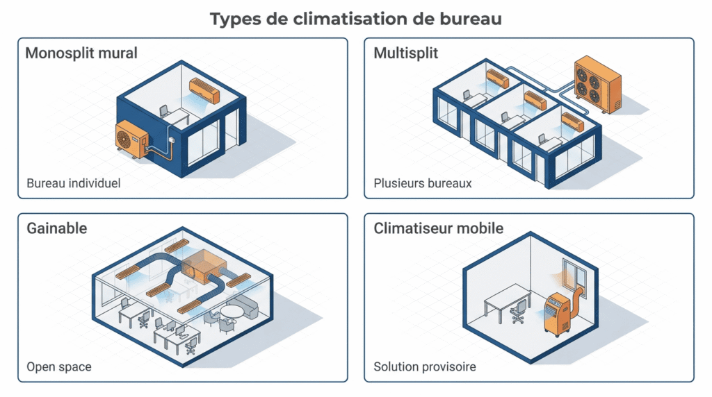 Infographie comparative : quel système de climatisation choisir selon le type de bureau (mono, multi, gainable, mobile)