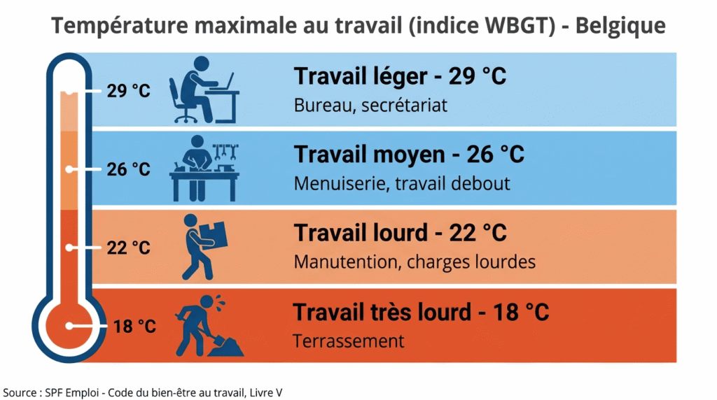 Tableau de la température maximale au travail en Belgique selon la charge physique (indice WBGT)